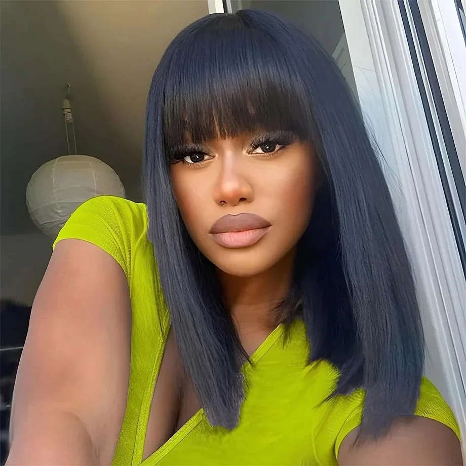 Brazilian Straight Bob Lace Wigs 100% Human Hair Bangs Fringe Middle Part Realistic Scalp_voghion.com