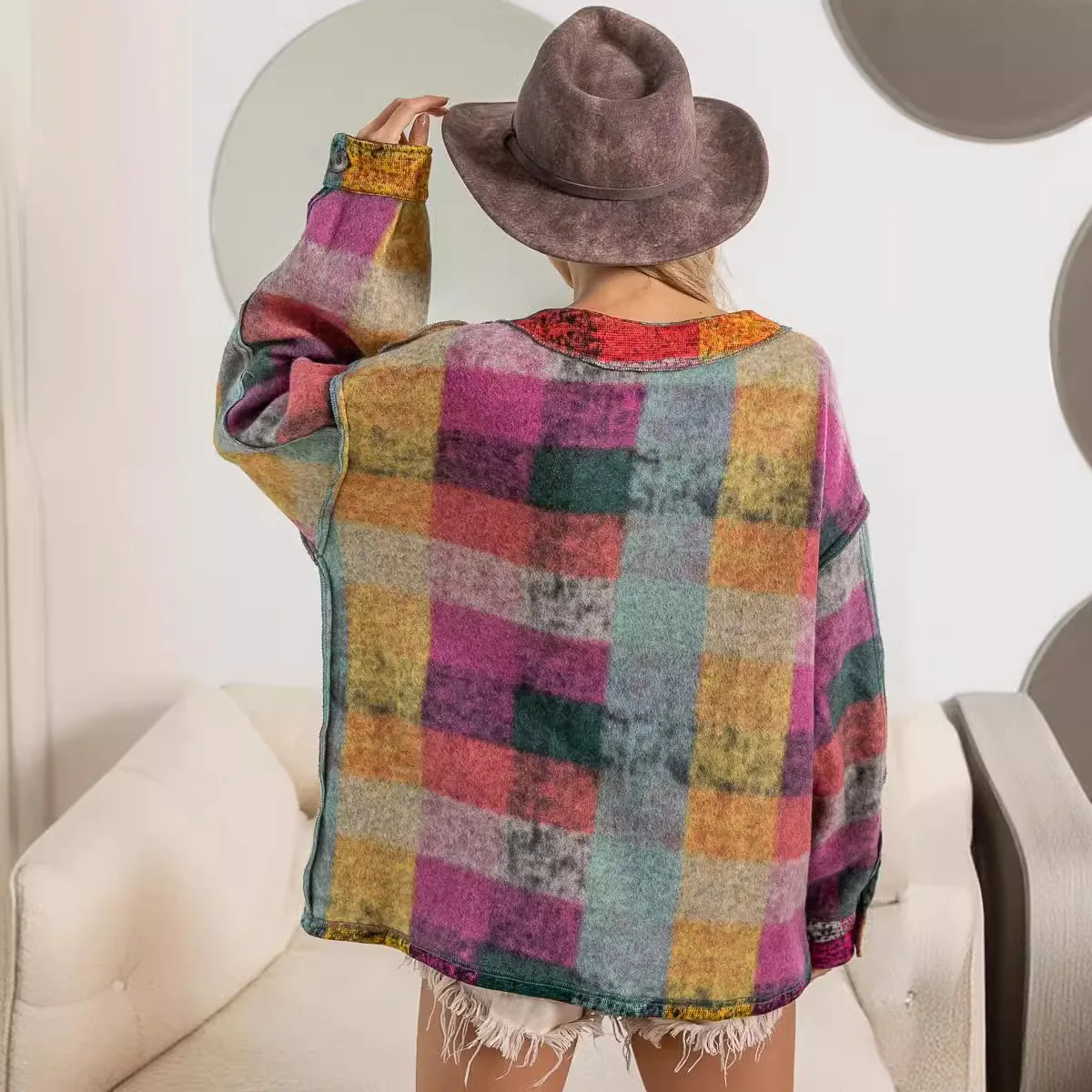 Personalized Long Sleeve Plaid Loose Coat V Neck Button Color Block Shacket Jacket For Women_voghion.com