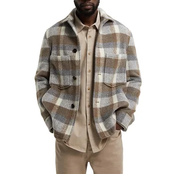 Custom mens wool polyester jacket overshirt flannel tweed plaid shirt jacket for man