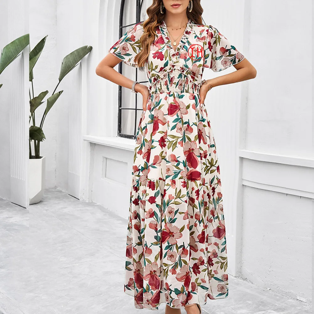 Custom Women Floral Maxi Dress V-Neck Short Sleeve Empire Waist Summer  Dress Chiffon Boho Flowy Smocked Long Dress Elegant