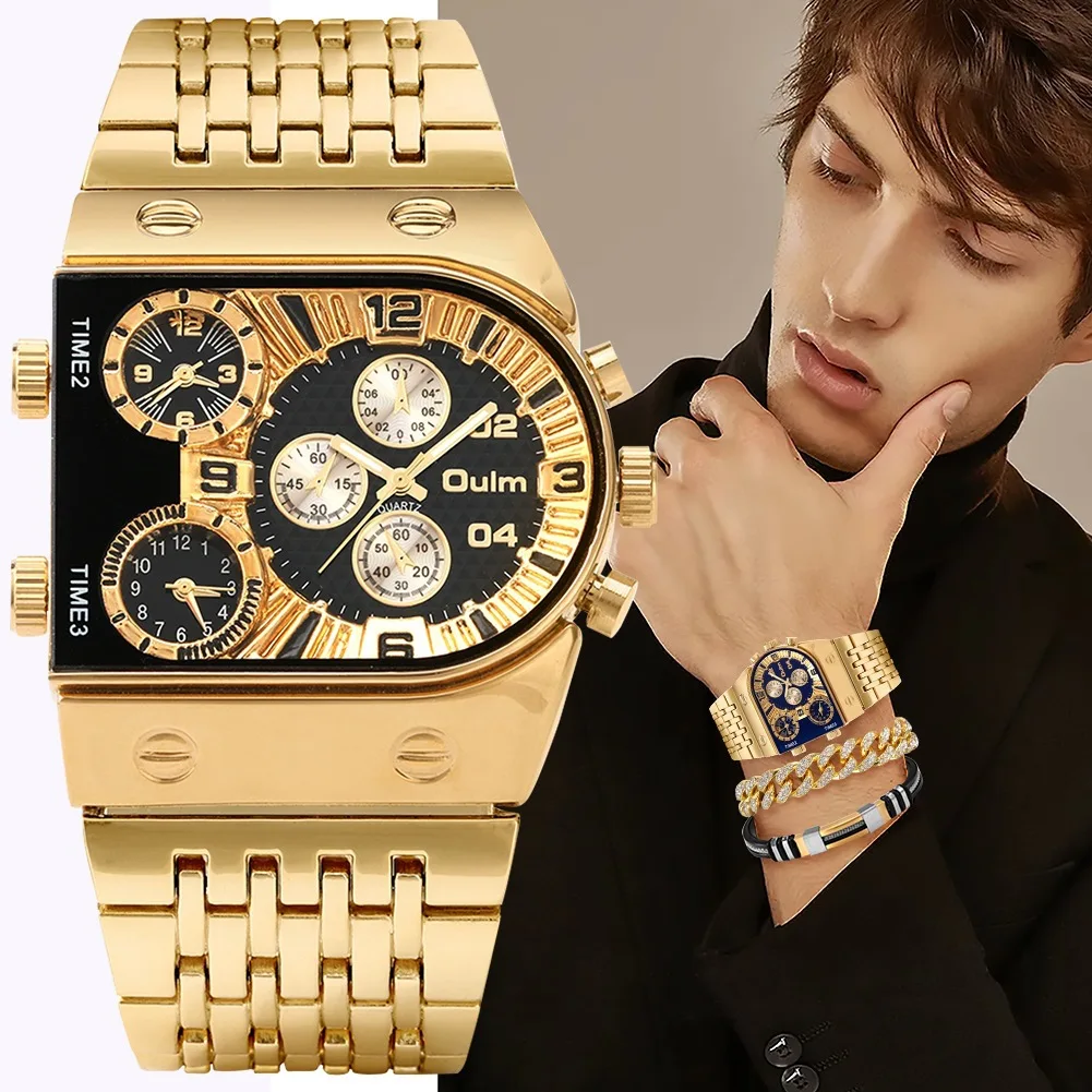 Oulm Multi Time Zone Large Dial Fashion Wristwatch Luminous Mens Watches Luxury Stainless Steel Bracelet Men Quartz Watch Set