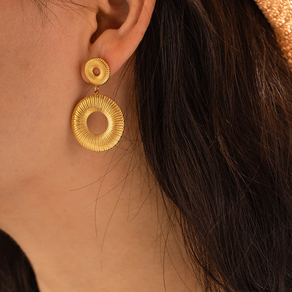 18k Gold Planted Round Earrings Stainless Steel Double Circle Fringe ...