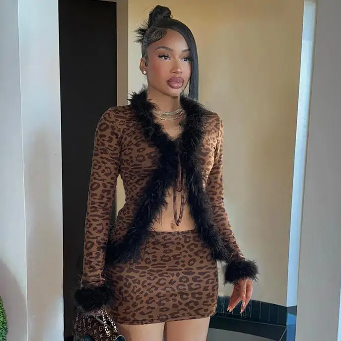 Leopard Fashion Furry Patchwork Cheetah Print Cardigan Long Sleeve Crop Top Mini Skirt