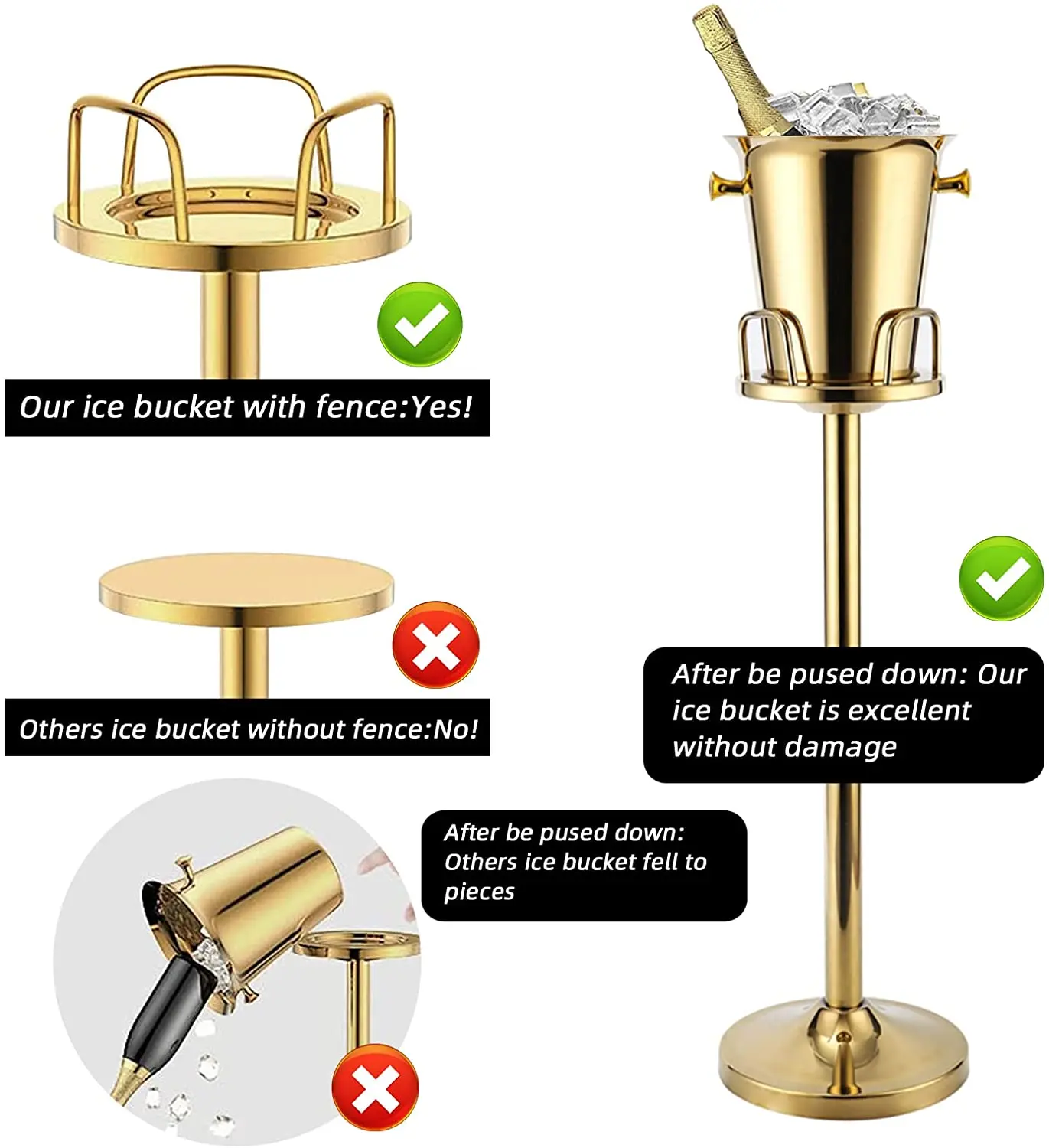 Ice Bucket With Stand Stainless Steel Standing Hammered Gold Ice Bucket