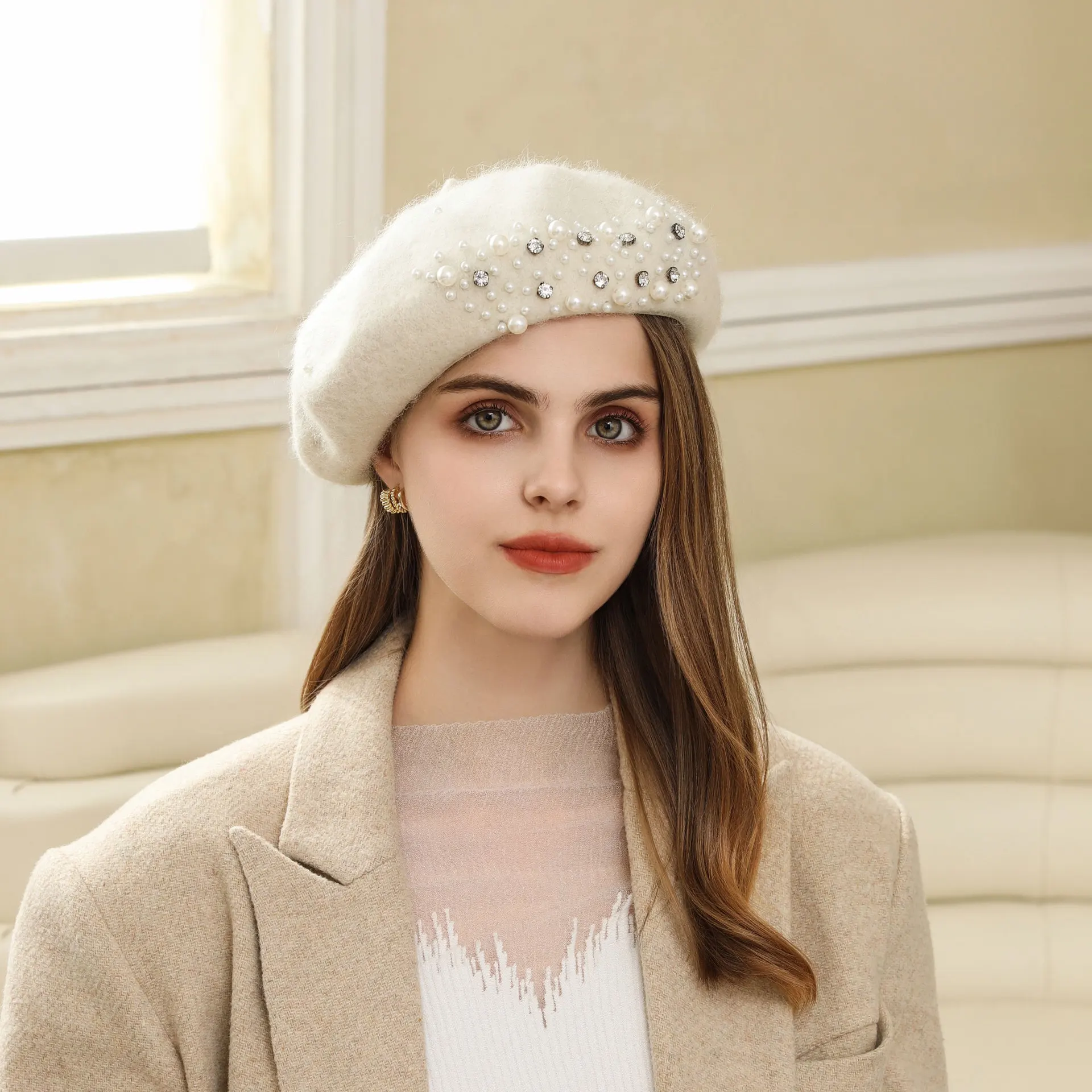 5976 Winter Wool French Beret Hats For Women Lolita Pearl Warm Beanie Cap Women Winter Ears Beret Wool French Beanie Hat Lolita  main image 2