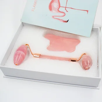 Private Label High Quality Massage Anti Aging Rose Pink Quartz Jade Roller and Gua Sha Facial Tool