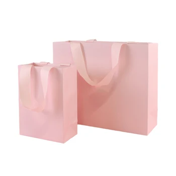 Pink Paper Gift Bags with Handle Recyclable Paper Packaging Bags Clothing Shoe Custom Shopping Paper Bag with logo