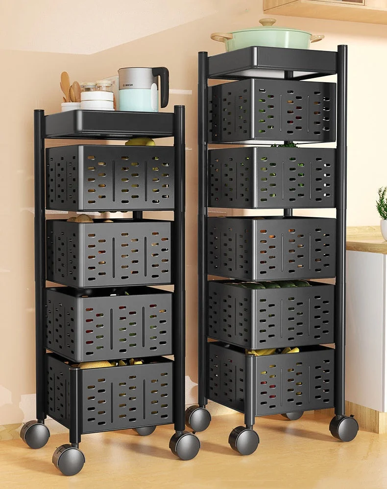5 Layer Kitchen Shelf with Rotating Trolley Practical Storage Rack Modern Wood and Metal Furniture for Kitchen