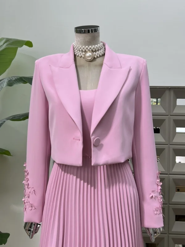 party wear jacket dress for women Floral Lace Dress with Sheer Chiffon Jacket & Pearl Neckline