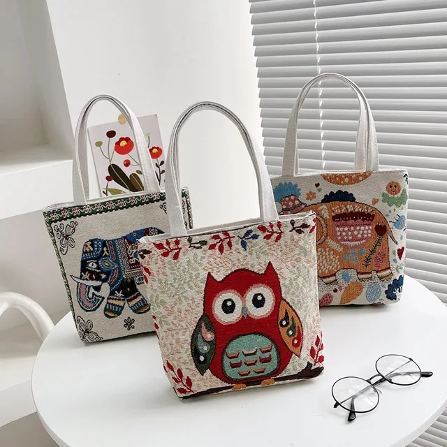 Leisure Fashion Zipper Bag Retro Embroidered Canvas Bags Cartoon Handbag