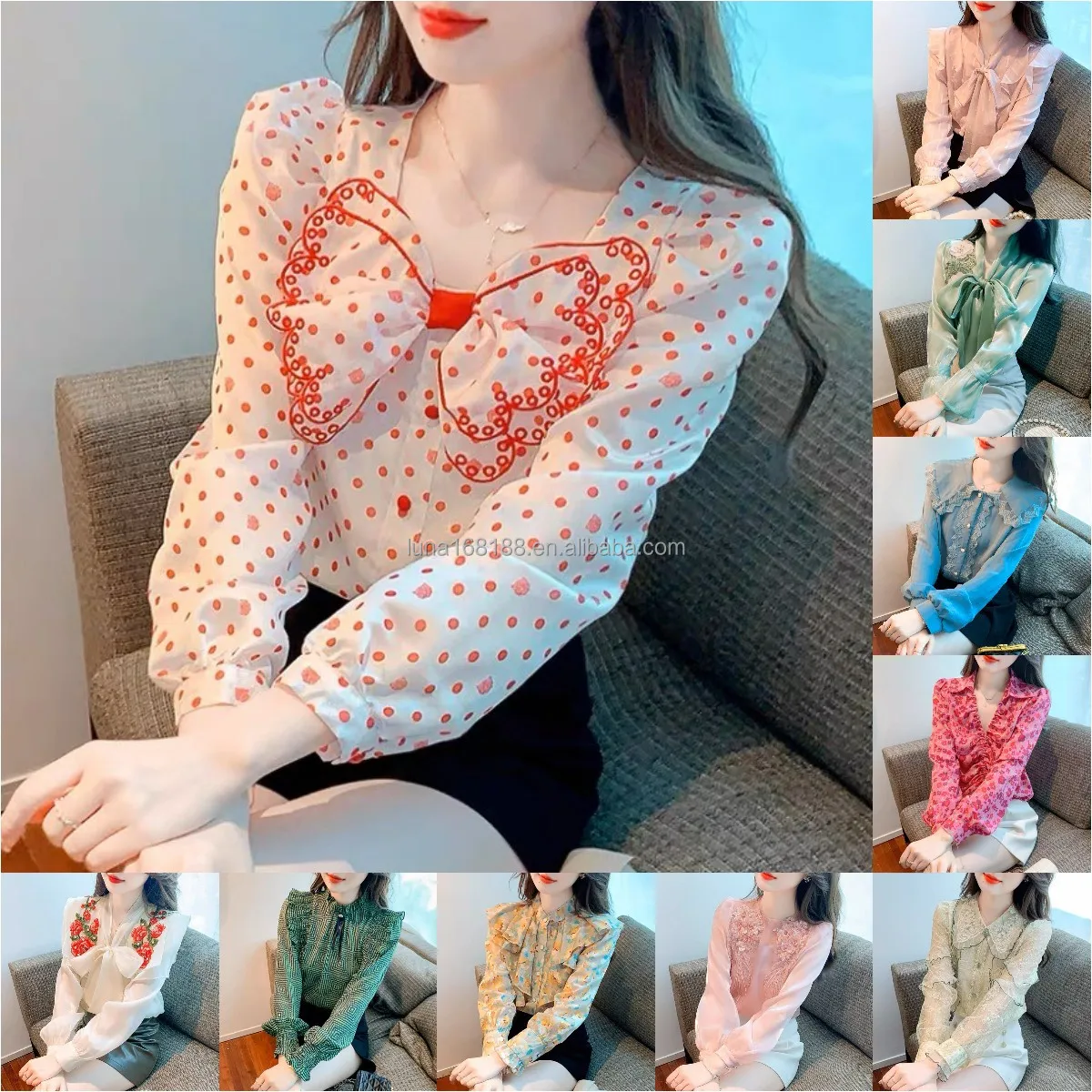 2024 Long Sleeve Office Women Blouses Flower Print Chiffon