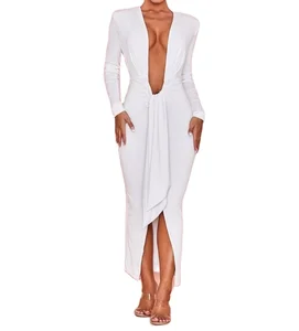 Elegant Bodycon Sexy White Dress Juliette White Jersey Plunge Neck Midi Dress v Neck Party Dresses Lady