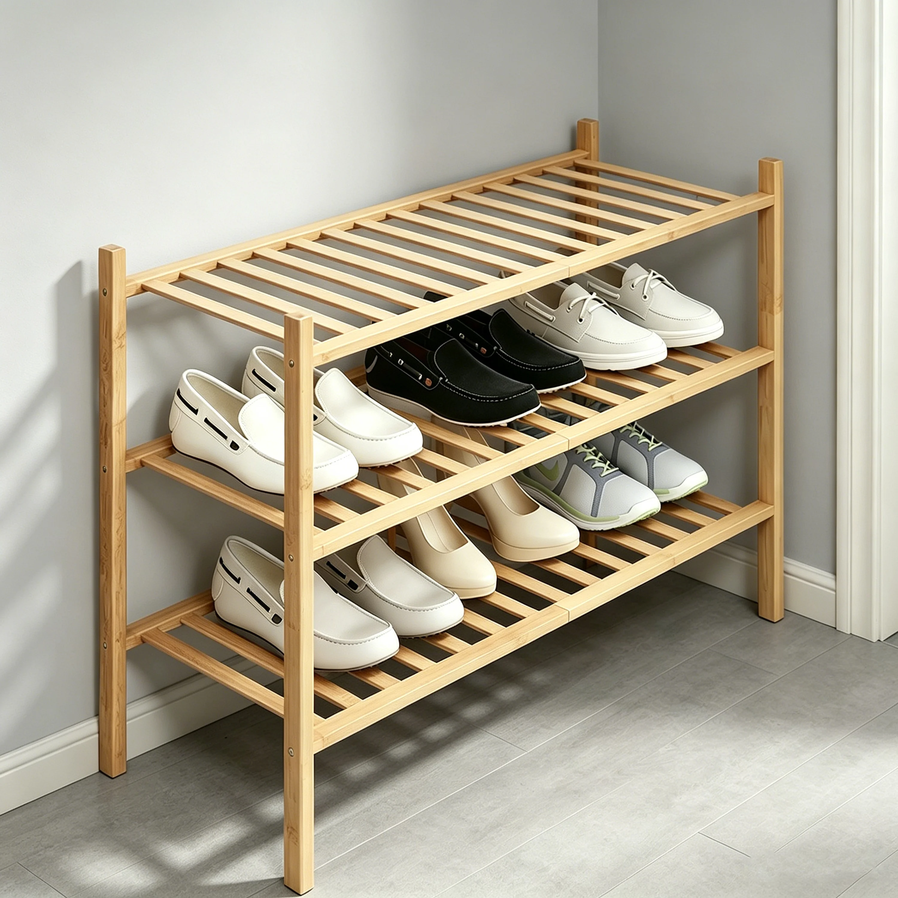 Bamboo Shoe Rack Shoe Organizer Freestanding Slatted Storage Shelf Shoe Stand Sturdy Space Saving Holder for Entryway Hallway