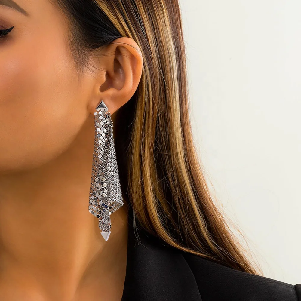 Shiny Silver Plated Mesh Grid Sequins Earrings for Women - Main Image