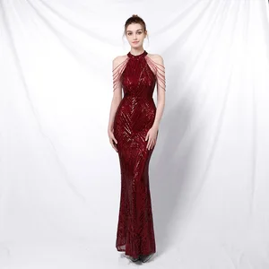 2025 New Women's Clothing Elegant Sleeved Neck-hanging Sequin Evening Gown Solid Color Sleeveless Ladies Dress