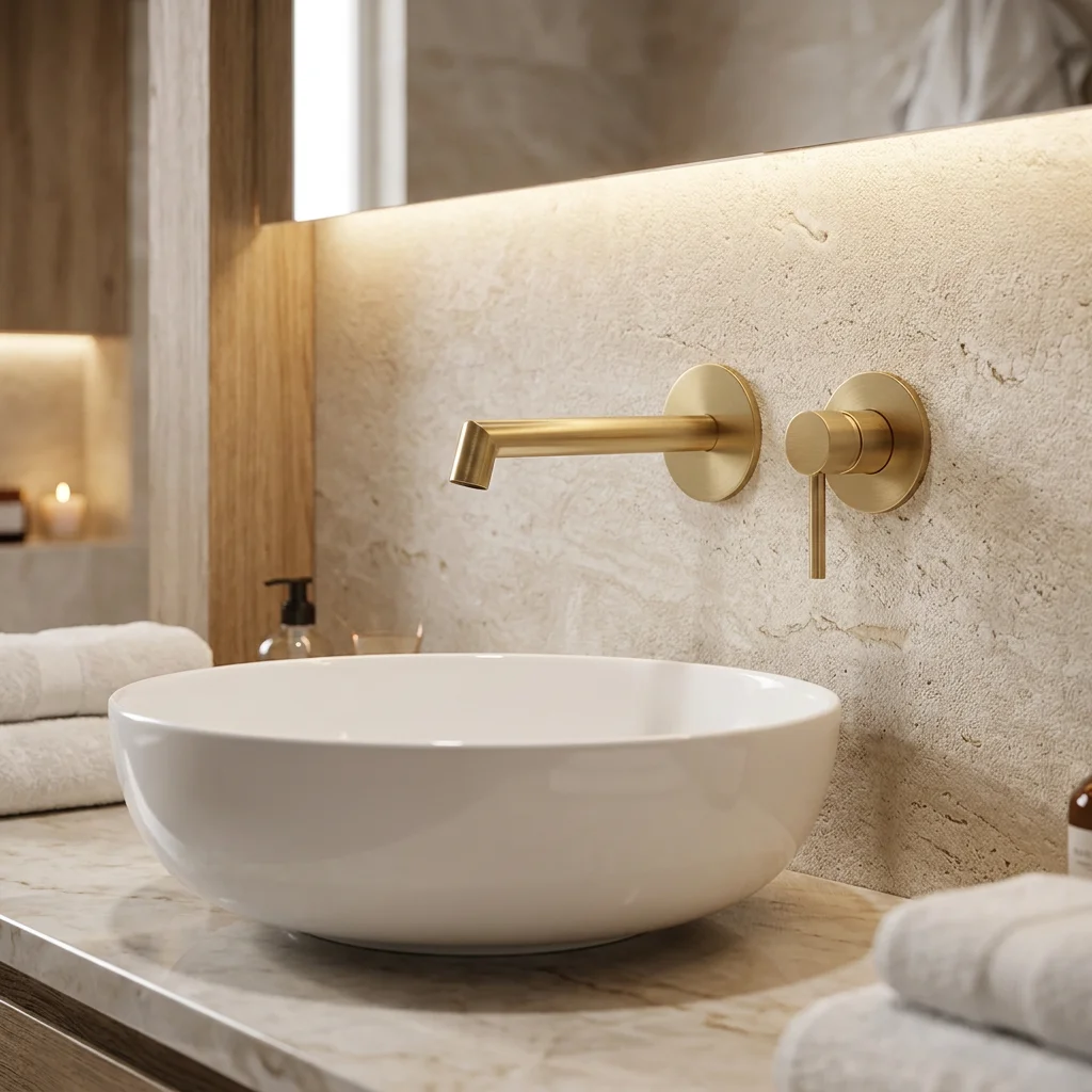 Luxury wall mount sink faucet in contemporary bathroom setting Brushed gold basin faucet mounted on modern bathroom wall with container sink