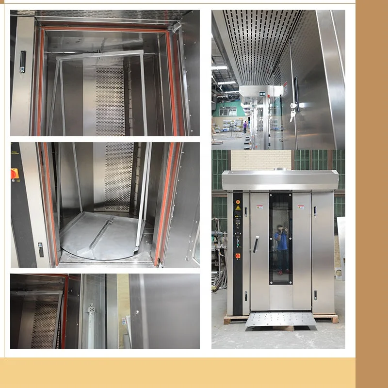 Factory Bread Bakery Machine Machine 32 Tray diesel Rotary Oven Rack Trolley Oven for Baking baguette Toast Croissant Round Bun