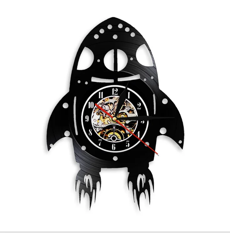 大型北欧ロケット3Dビニール壁掛け時計電池式ブラック30x30cmリビング