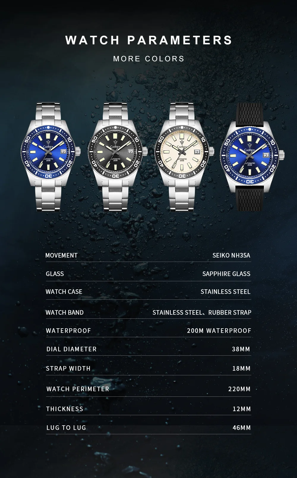 CADISEN 38mm Diver's Watch - Automatic, Waterproof, Luminous
