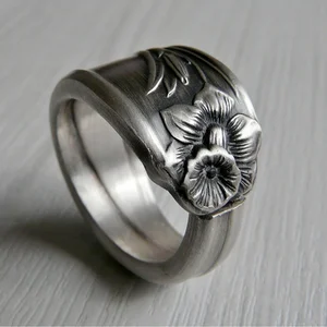 Bespoke Oxidized Sterling Silver Vintage Finger Rings Engraved Flower Spoon Bohemian Antique Silver Ring Custom