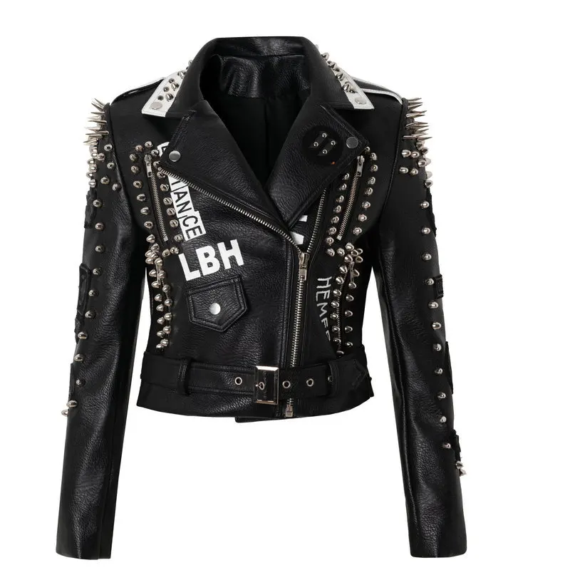Professional New Design Fashion Custom Printing Graffiti Rivet Leather Jacket for Women