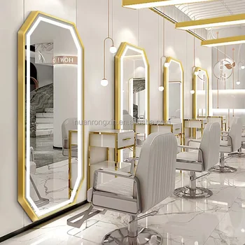 Hot Sale Gold LED Hairdressing Mirror Station Full Length Salon Mirror Station Makeup Salon Mirror   hairdressing styling