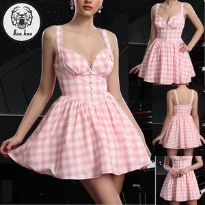 New Fashion Design High Quality Pink Plaid Lace Trim Clothes Women Casual Summer Mini Dresses