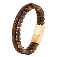Retro Multi-layered Braided Yellow Tiger Stone Beaded Stainless Steel Leather Bracelet for Men Versatile Fashion Jewelry