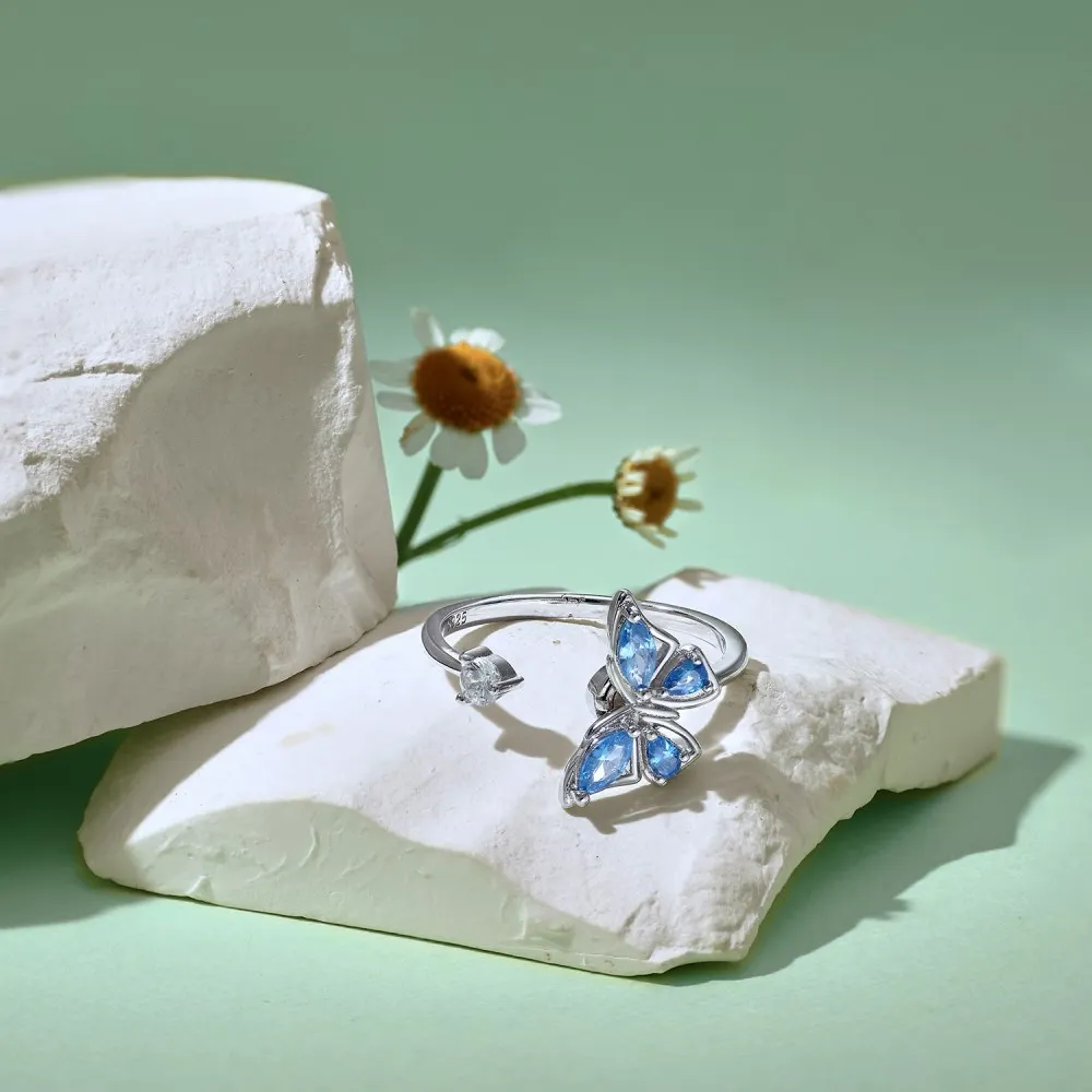 KAKODIY New Rotatable Blue Cubic Zirconia Anxiety Butterfly Ring Opening Adjustable 925 Sterling Silver Butterfly Ring Jewelry for Women detail 2