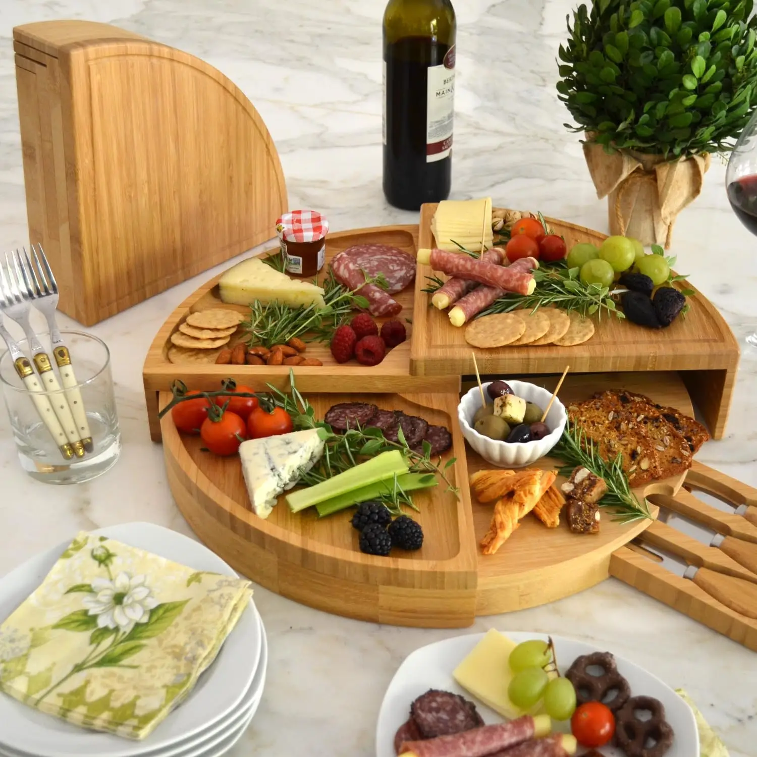 Bamboo Charcuterie Board Cheese Serving Platter Foldable Fan Shaped with Cheese Knives Appetizer Gift Board for Wedding Party