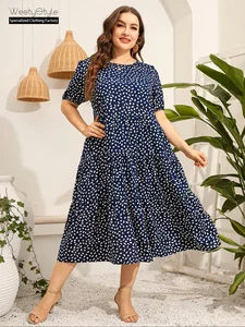 European American Women's Casual Dresses New Plus-Size Irregular Short-Sleeved Loose Neck Mini Floral A-line 100% Polyester