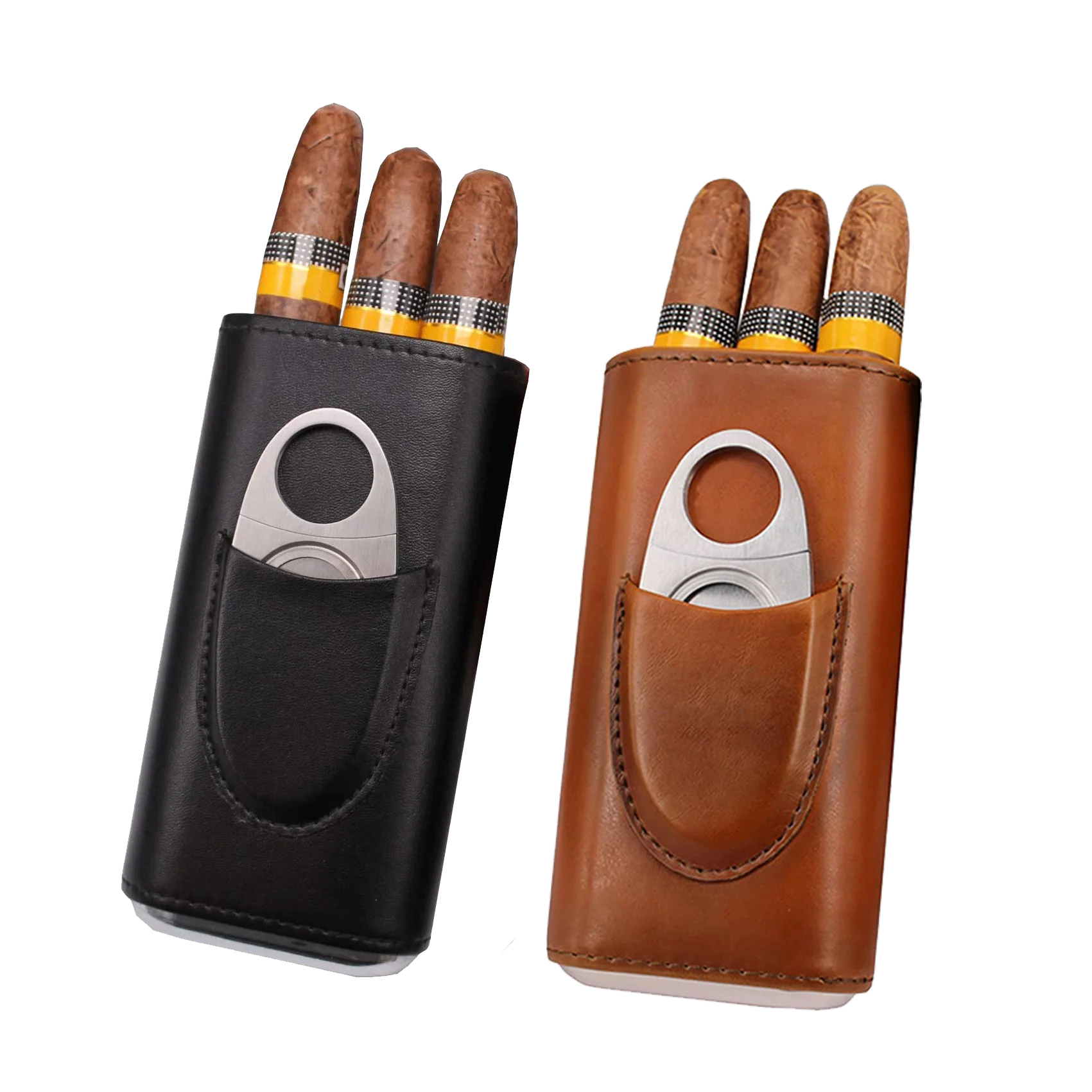 3 Finger Leather Cigar Case Cedar Wood Lined Humidor, Stainless 大特価