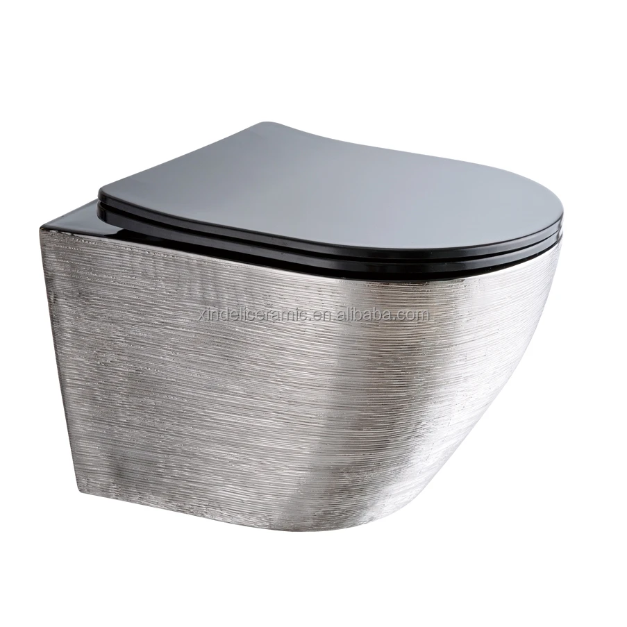 Silver Drawing Pattern Modern Home Bathroom Ceramic Rimless Wall Mounting  Wall Hung Wc Hanging P Trap Toilet