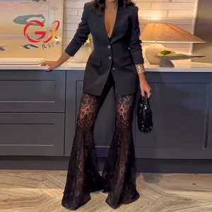GX25341 Fashion 2026 Fall Women Street Wear Long Sleeve Deep V-neck Blazer Tops and Flare Lace Pant 2 Piece Set Women
