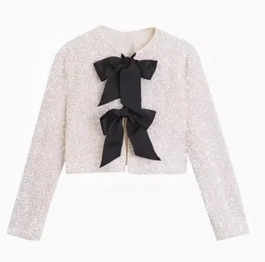 Wholesale Short Coat Sequins Coat with Big Bow Sparkly in Spring Season Sparkly Fabric  Girls Coat for Children Clothes