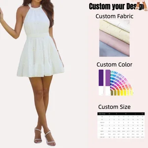 Women's Elegant Embroidered Mini Dress Cross Back Detail Halter Casual Solid Pattern Plain Dyed Elastic Waist Design Woven Weave