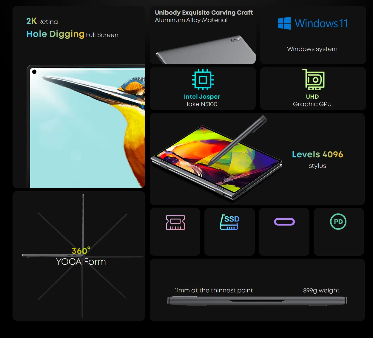 Chuwi Minibook X Flip Notebook Pc 10.8 Inch 2k Screen Celeron