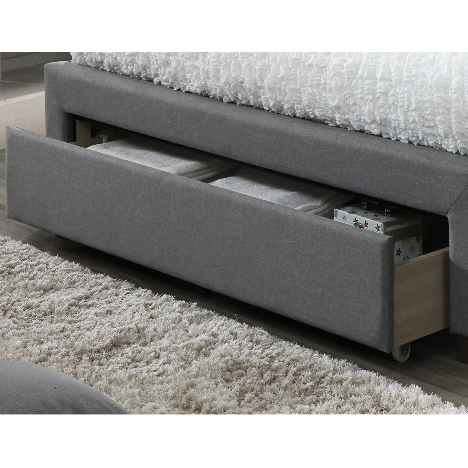 LVL Slats Storage Bed Frames With Drawer on the Footend and Button Tufted Design Bed Head Queen Size Low Price