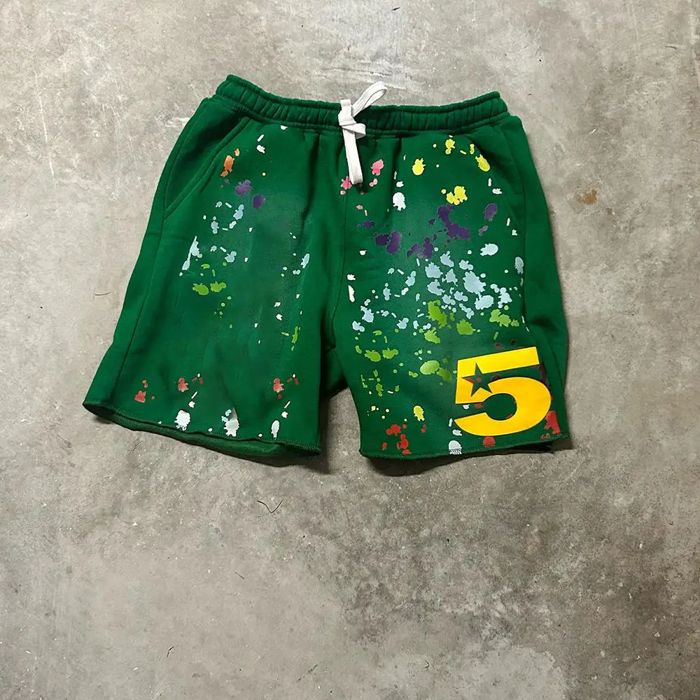 Custom Men Sweat Shorts French Terry Drawstring Heavy Cotton Paint Splatter Fleece Vintage Acid Wash 3D Puff Print Shorts Unisex gallery 3