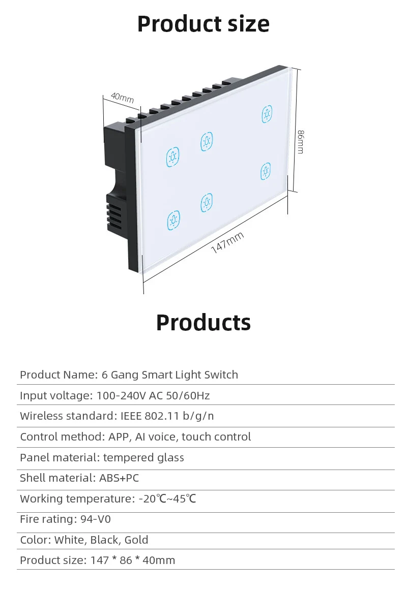 UK Wall Switch 6 Gang Tuya Smart Zigbee Glass Touch Sensing Switch APP Remote Control Timer Control Switch