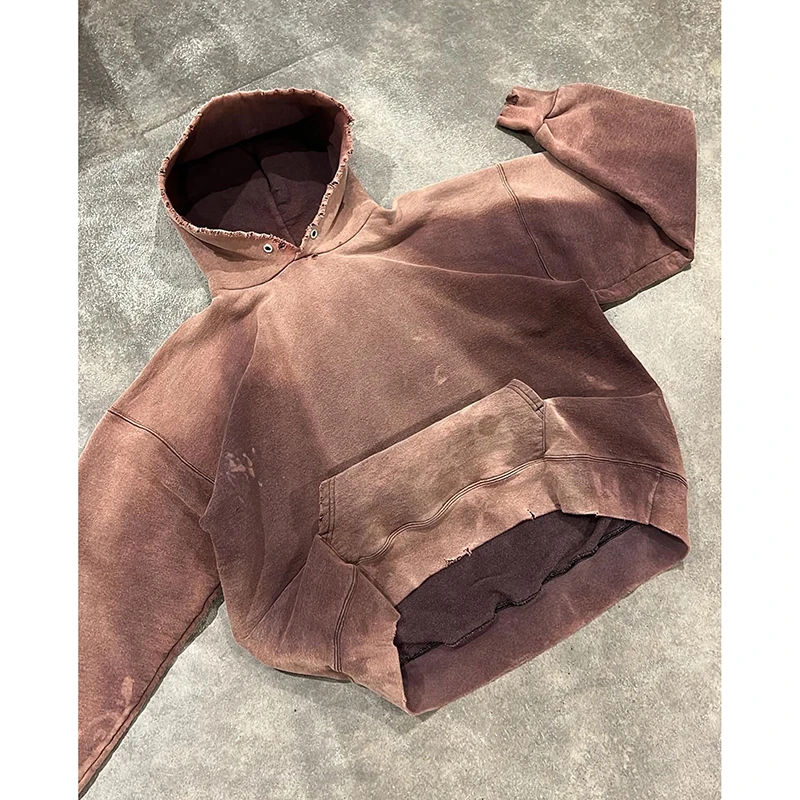 Heavy cotton hoodie high quality distressed vintage washed boxy oversized  cropped hoodie streetwear men's hoodies & sweatshirts