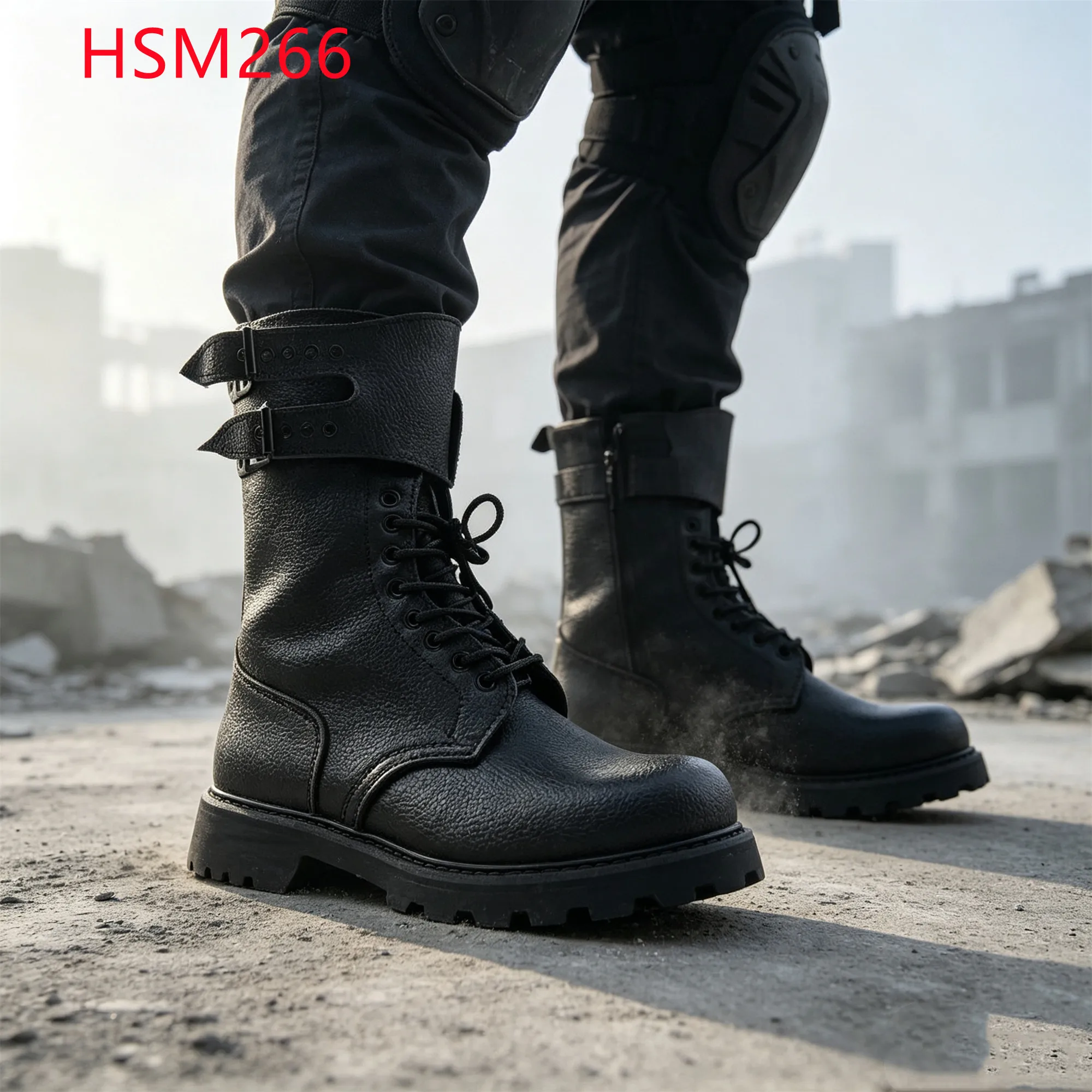 LXG,1.8-2.0MM Full Grain Embossed Leather Hua Singh Combat Boots Training Base French-style Double Buckle Tactical Boots HSM266