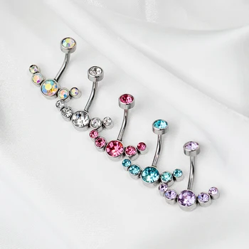 2021 Surgical Steel Curved Navel Barbell 5 Crystals Zircon belly ring piercing Body navel Piercing for women
