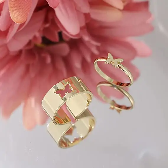 Butterfly Wedding Rings Set Gold Plated Adjustable