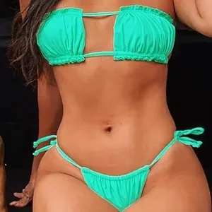 Bikini Manufacturer Custom Sexy Thong Swimsuit Ruched Swimwear Spaghetti Strap 2 Piece UPF40 Removable Padded Plus Size Bikini