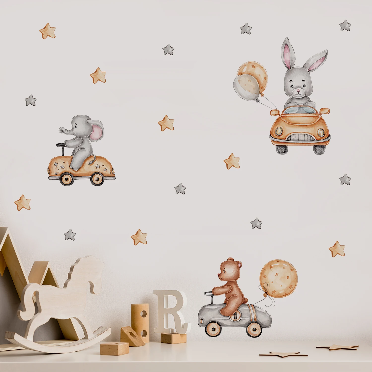 Funlife PY047 Cartoon Rabbit and Elephant Driving Decals DIY Wall Decoration for Nursery Room Wall Stickers