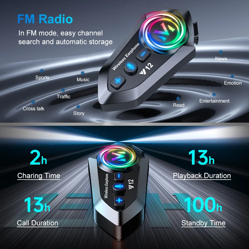 Y12 FM Radio Motorcycle bluetooth Headset Football Ski Helmet Headset With Microphone