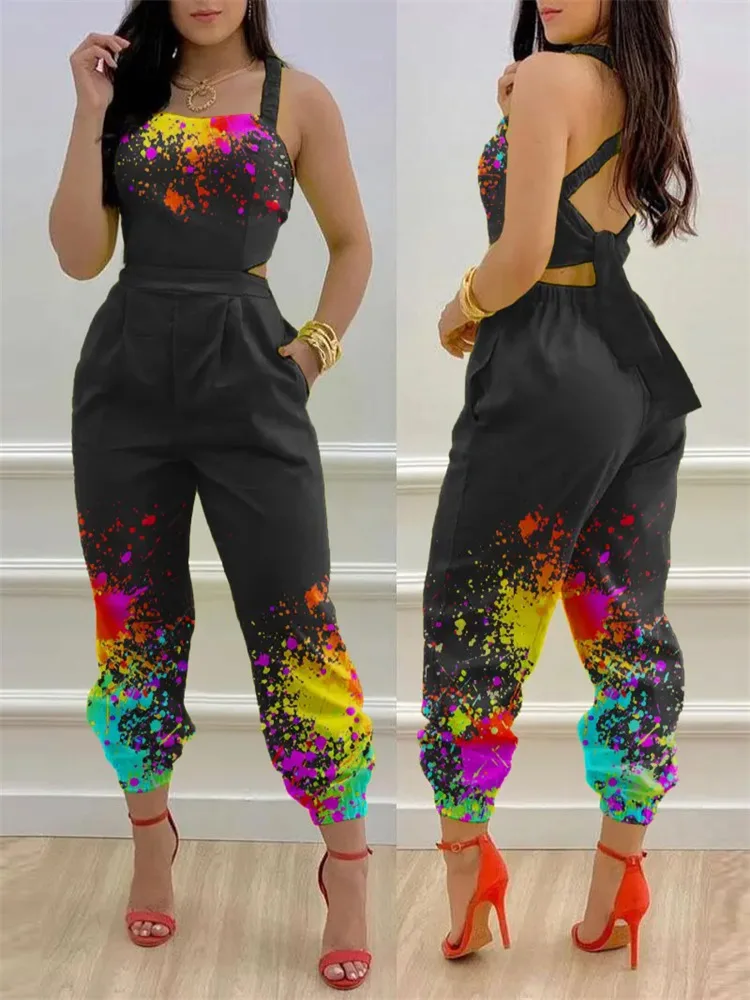 Wholesale Trendy Backless Cami Jumpsuit For Women Ink Splash Print Pant ...