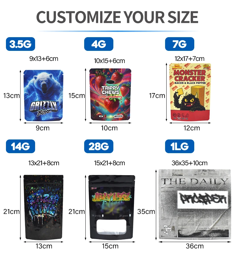 Custom Printed Candy Gummies Packaging Smell Proof Doypack Resealable Aluminum Foil Mylar Ziplock Bag 3.5g 7g 14g 1LB
