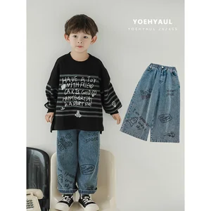 YOEHYAUL N5154 1-8 Years Elastic Waist BoyJeans Kids Children Casual Blue Toddler Boys Jeans Denim Pant for Kids Printed Jeans